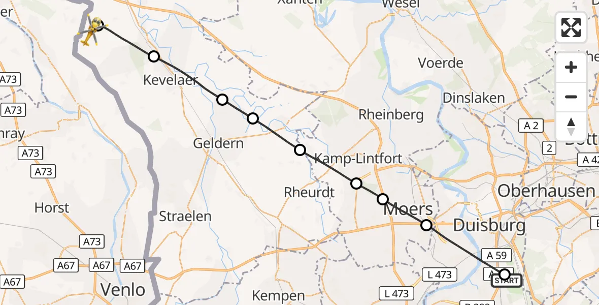 Flugroute Rettungshubschrauber Duisburg Air Rescue Hubschrauberlandeplatz (Christoph 9) - Goch, 25 April 2026, 16:55