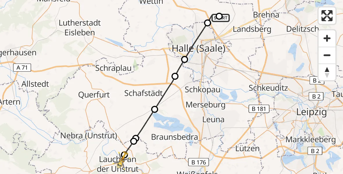 Flugroute Ambulanzhubschrauber Halle-Oppin Flugplatz - Laucha an der Unstrut, 25 April 2026, 16:57