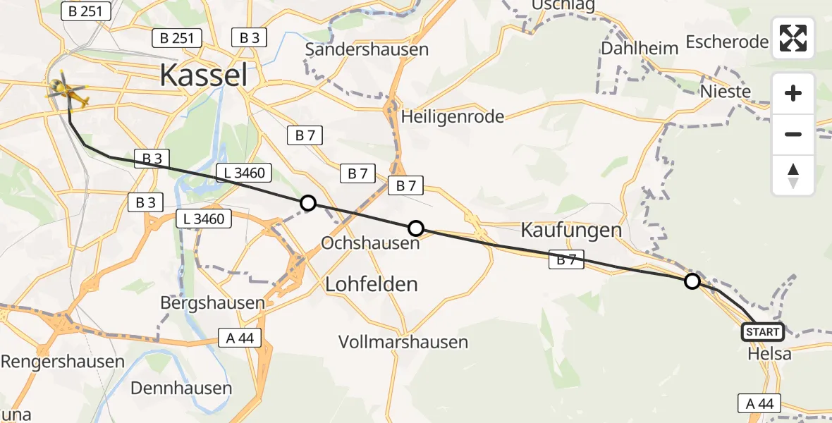 Flugroute Rettungshubschrauber Helsa - Kassel, 25 April 2026, 17:14