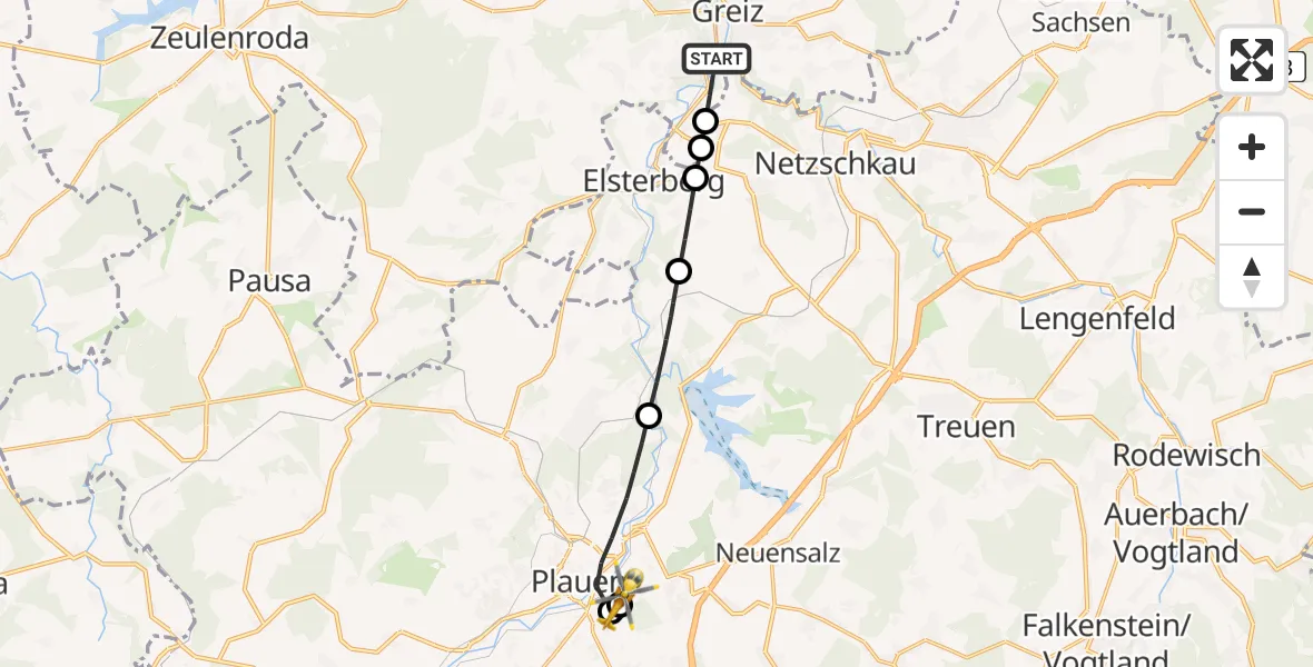 Flugroute Rettungshubschrauber Greiz - Helios Clinic Plauen, 25 April 2026, 17:16
