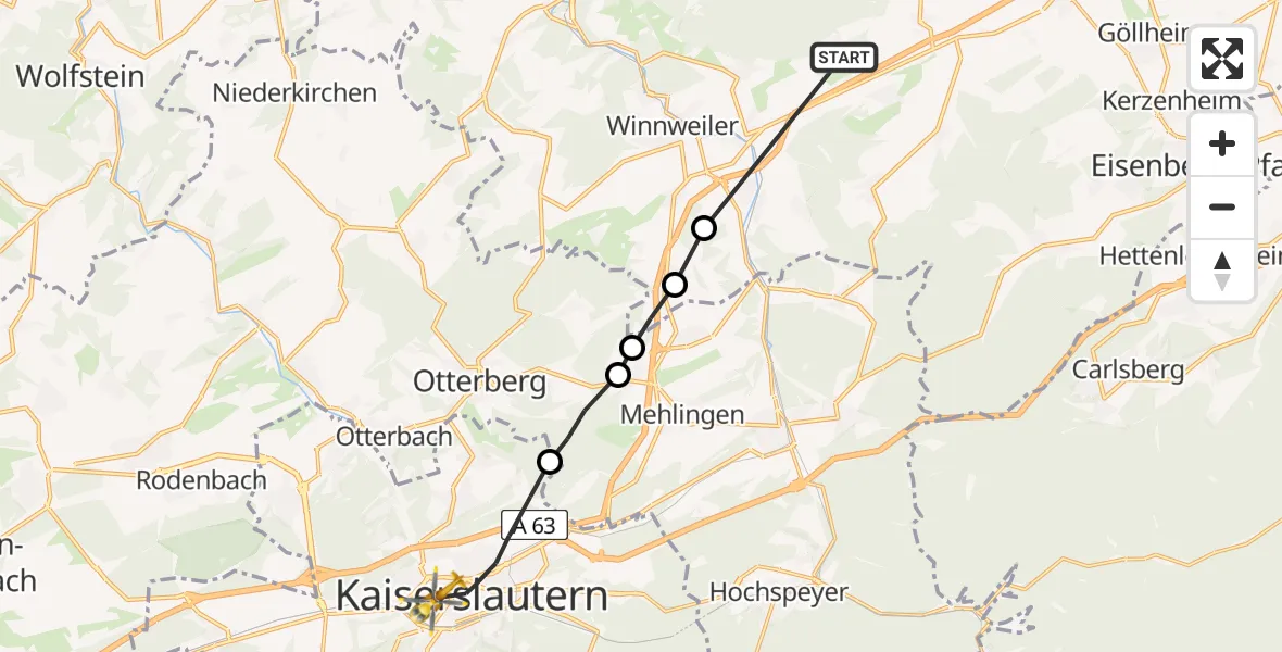 Flugroute Rettungshubschrauber Börrstadt - Westpfalz Hospital Kaiserslautern, 25 April 2026, 17:19