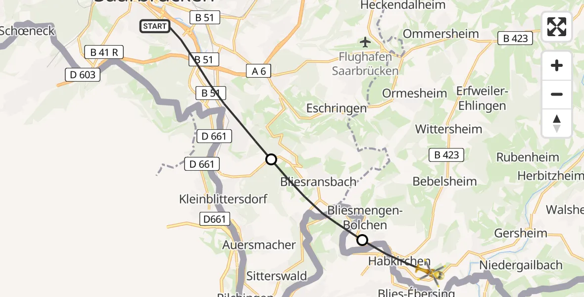 Flugroute Rettungshubschrauber Saarbrücken - Mandelbachtal, 25 April 2026, 17:21