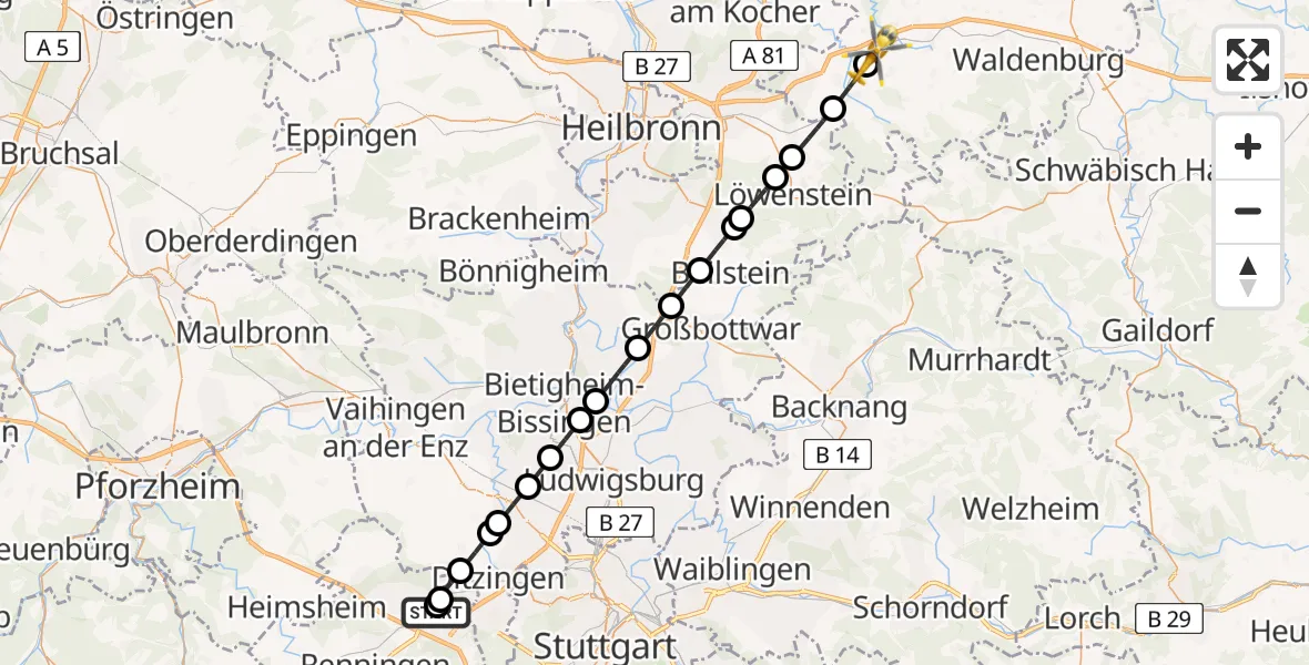 Flugroute Rettungshubschrauber Leonberg Hospital - Öhringen, 25 April 2026, 17:22
