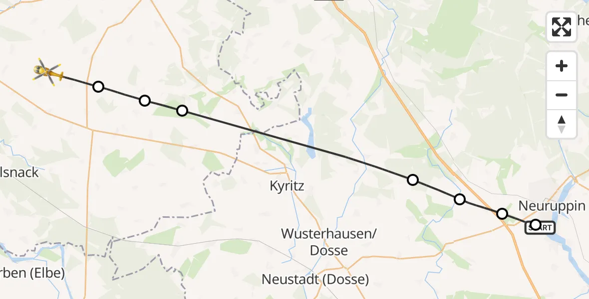 Flugroute Rettungshubschrauber Rupin Hospital - Plattenburg, 25 April 2026, 17:32