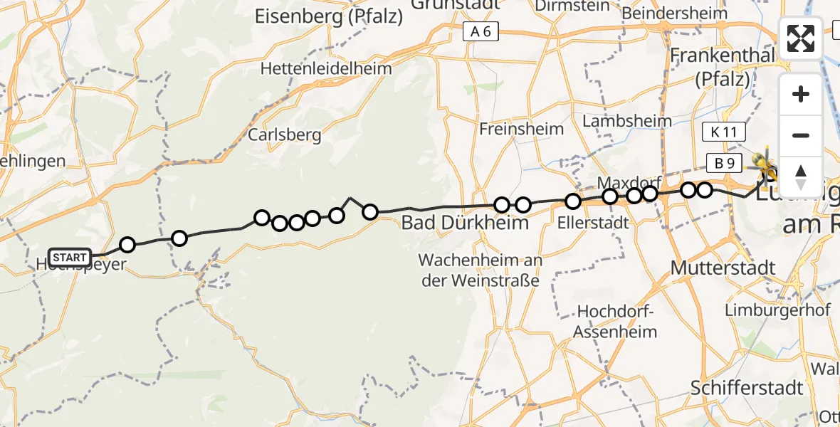 Flugroute Rettungshubschrauber Hochspeyer - Ludwigshafen Accident Hospital, 25 April 2026, 17:49