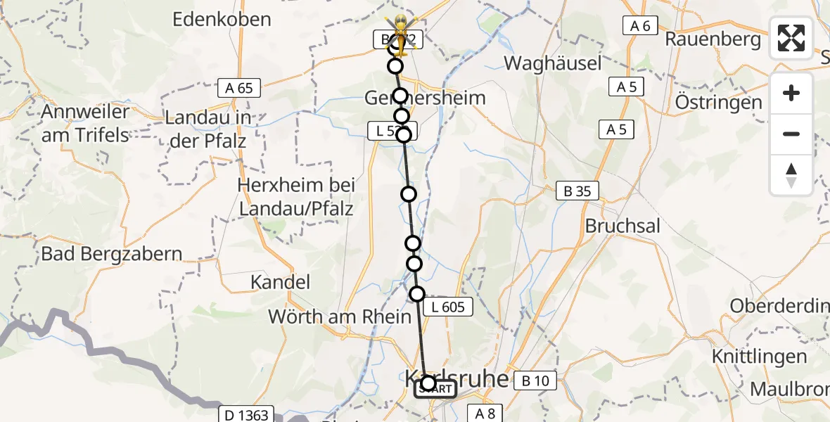 Flugroute Rettungshubschrauber Sankt Vincentius Hospital - Schwegenheim, 25 April 2026, 17:50