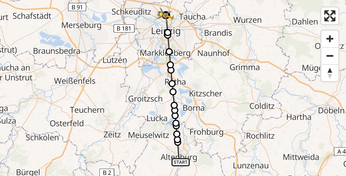 Flugroute Ambulanzhubschrauber Altenburg - Sankt Georg Hospital Leipzig Reserve, 25 April 2026, 17:50