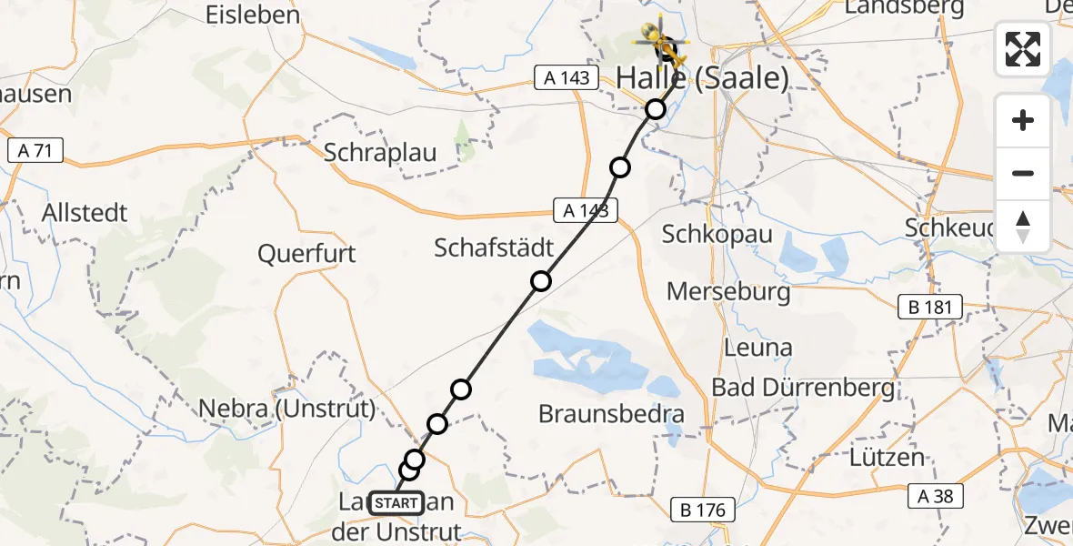 Flugroute Ambulanzhubschrauber Laucha an der Unstrut - Halle (Saale) University Hospital, 25 April 2026, 17:54