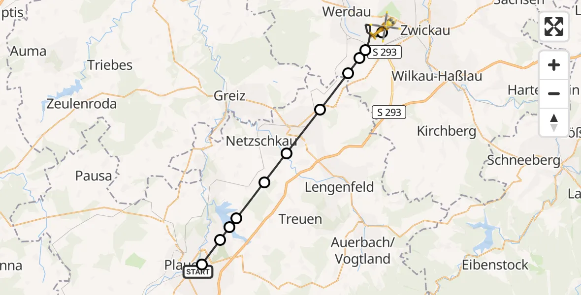 Flugroute Rettungshubschrauber Helios Clinic Plauen - ADAC Air Rescue Station Zwickau Hubschrauberlandeplatz, 25 April 2026, 17:58
