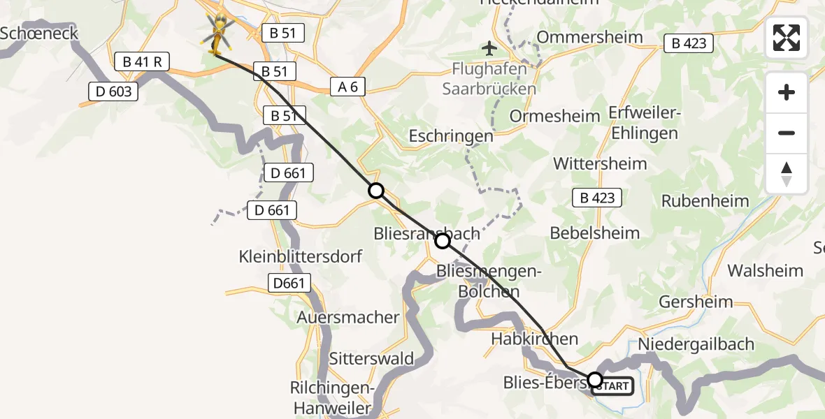 Flugroute Rettungshubschrauber Gersheim - Saarbrücken, 25 April 2026, 18:00