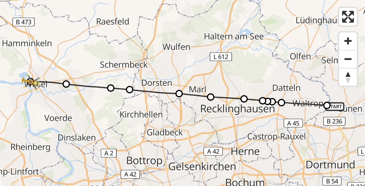 Flugroute Rettungshubschrauber Lünen - Wesel-Römerwardt Flugplatz, 25 April 2026, 18:00