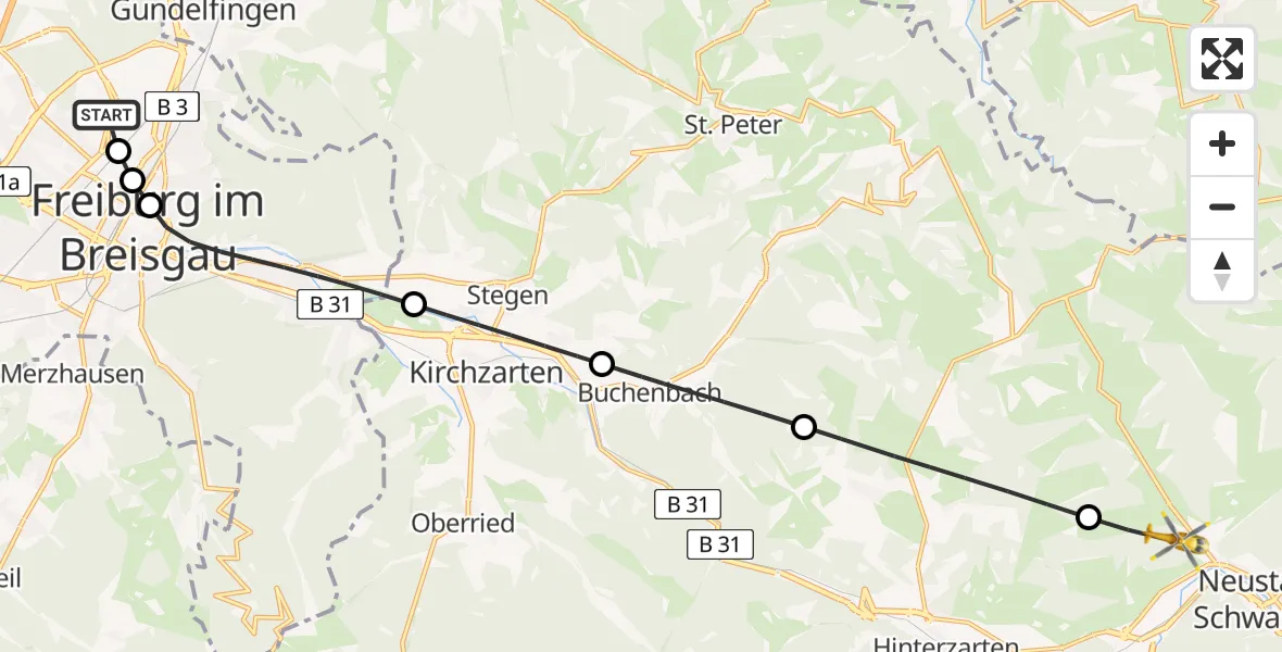 Flugroute Rettungshubschrauber Freiburg im Breisgau Flugplatz - Titisee-Neustadt, 25 April 2026, 18:00