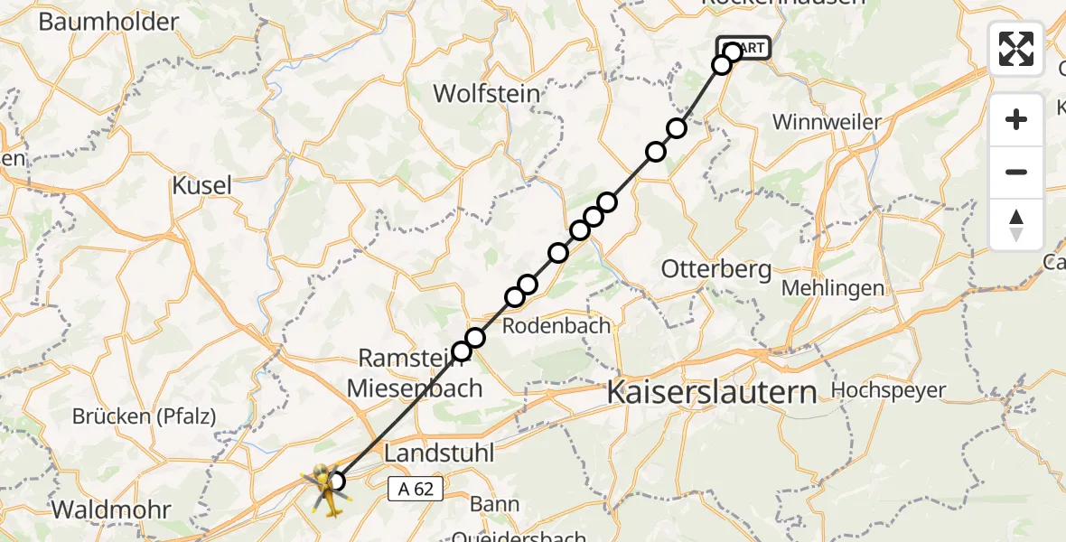 Flugroute Rettungshubschrauber Imsweiler UL - Hauptstuhl, 25 April 2026, 18:04