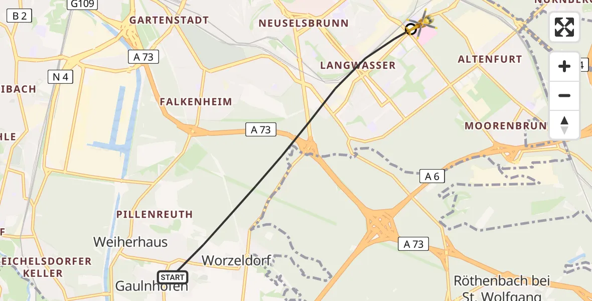 Flugroute Rettungshubschrauber Nürnberg - Nürnberg South Hospital, 25 April 2026, 18:10