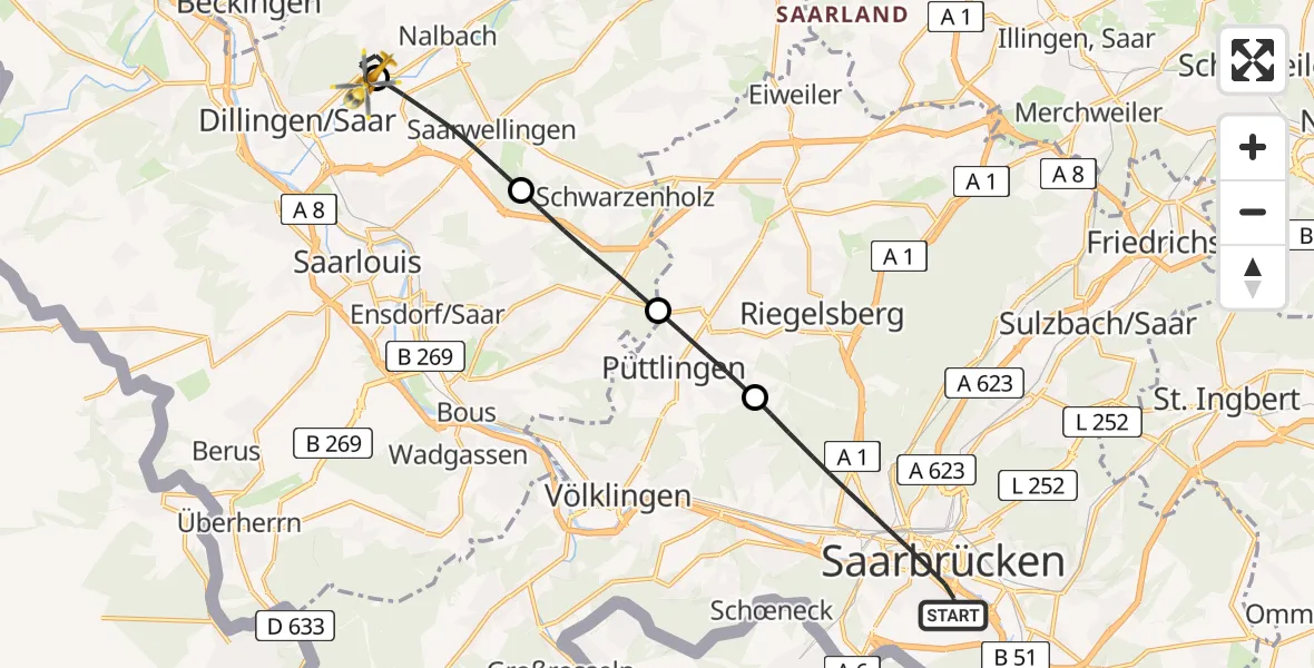 Flugroute Rettungshubschrauber Saarbrücken - Dillingen/Saar, 25 April 2026, 18:11