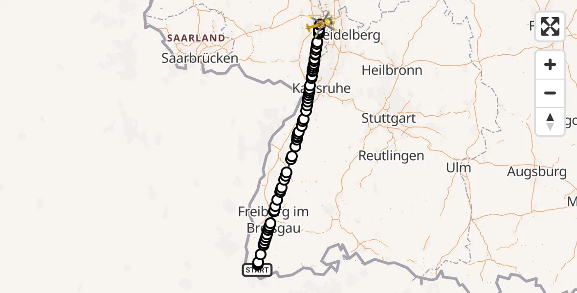 Flugroute Rettungshubschrauber Lörrach - Ludwigshafen Accident Hospital, 25 April 2026, 18:22