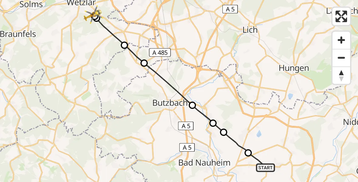 Flugroute Ambulanzhubschrauber Reichelsheim (Wetterau) - Lahn-Dill Clinic Wetzlar Hubschrauberlandeplatz, 25 April 2026, 18:26