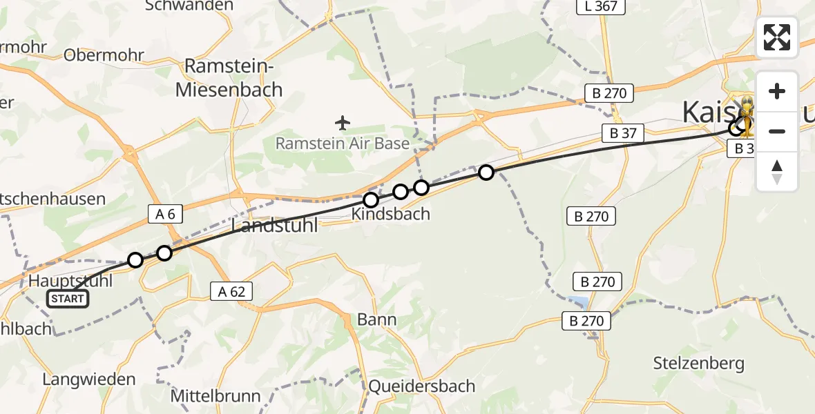 Flugroute Rettungshubschrauber Hauptstuhl - Westpfalz Hospital Kaiserslautern, 25 April 2026, 18:31