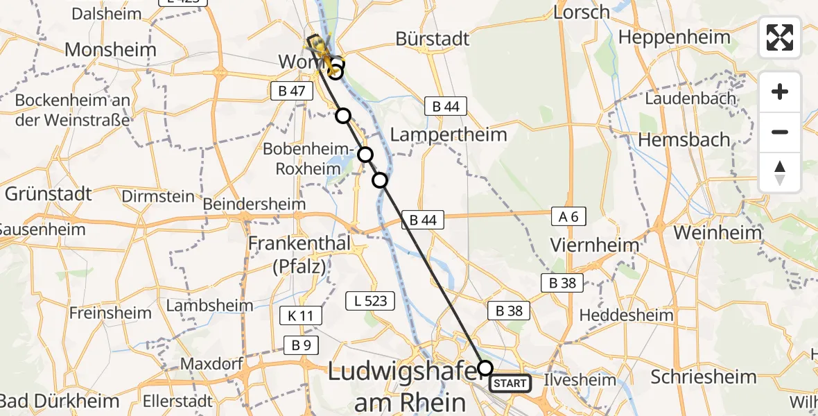 Flugroute Rettungshubschrauber Mannheim-City Flughafen - Worms, 25 April 2026, 18:34