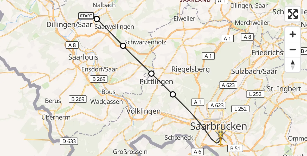 Flugroute Rettungshubschrauber Dillingen/Saar - Saarbrücken, 25 April 2026, 18:38