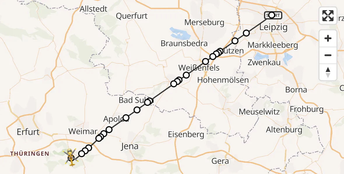 Flugroute Ambulanzhubschrauber Sankt Georg Hospital Leipzig Reserve - DRF Rettungsstation Bad Berka Hubschrauberlandeplatz, 25 April 2026, 18:39