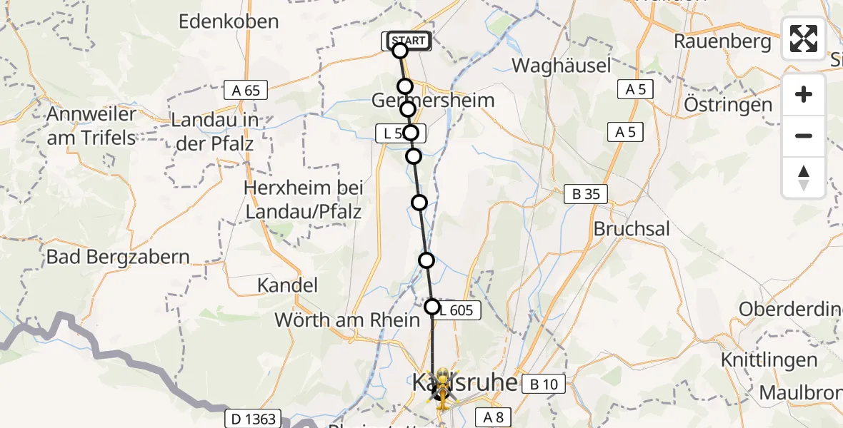 Flugroute Rettungshubschrauber Schwegenheim - Sankt Vincentius Hospital, 25 April 2026, 18:43