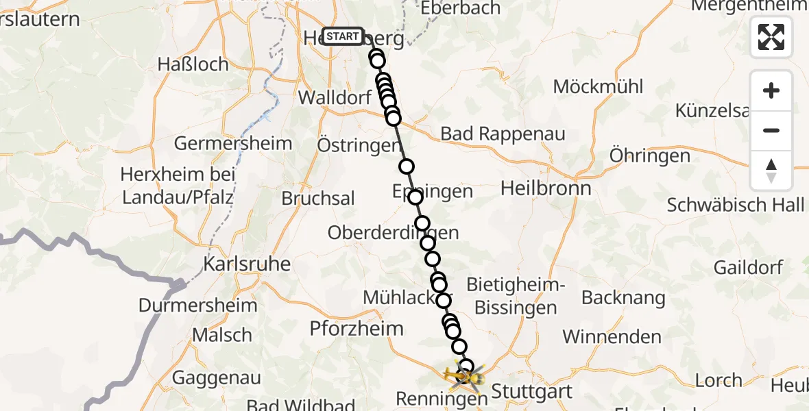 Flugroute Rettungshubschrauber Heidelberg - Leonberg Hospital Hubschrauberlandeplatz, 25 April 2026, 18:44