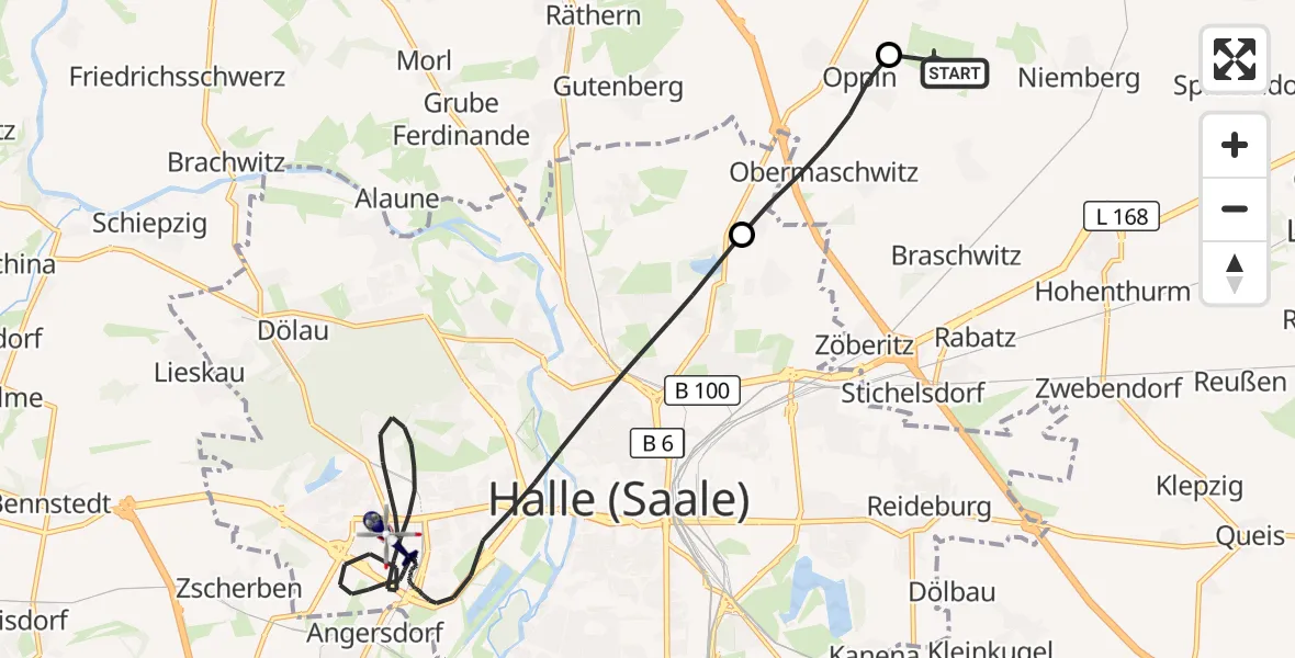 Flugroute Polizeihubschrauber Halle-Oppin Flugplatz - Halle (Saale), 25 April 2026, 18:48