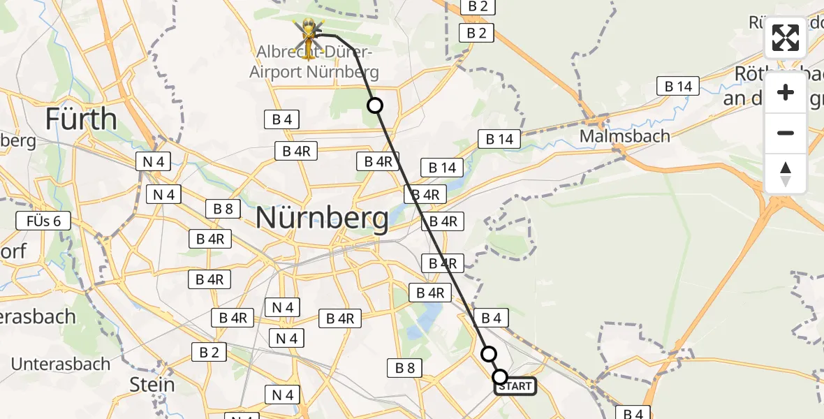 Flugroute Rettungshubschrauber Nürnberg South Hospital - Flughafen Nuremberg, 25 April 2026, 18:50