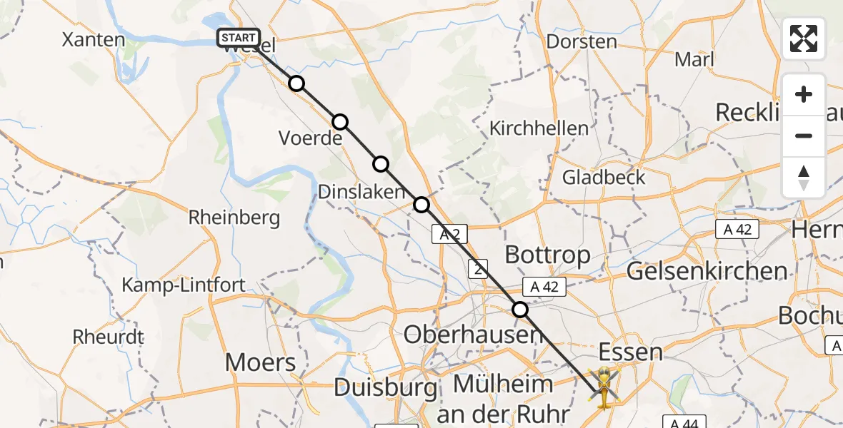 Flugroute Rettungshubschrauber Wesel - Essen, 25 April 2026, 18:50