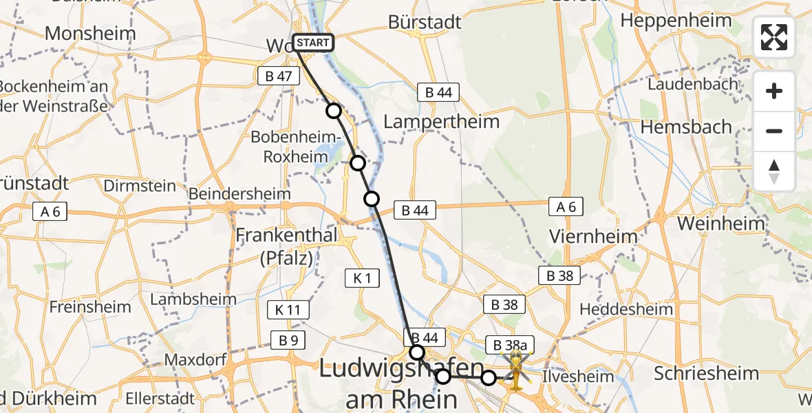 Flugroute Rettungshubschrauber Worms - Mannheim-City Flughafen, 25 April 2026, 19:00
