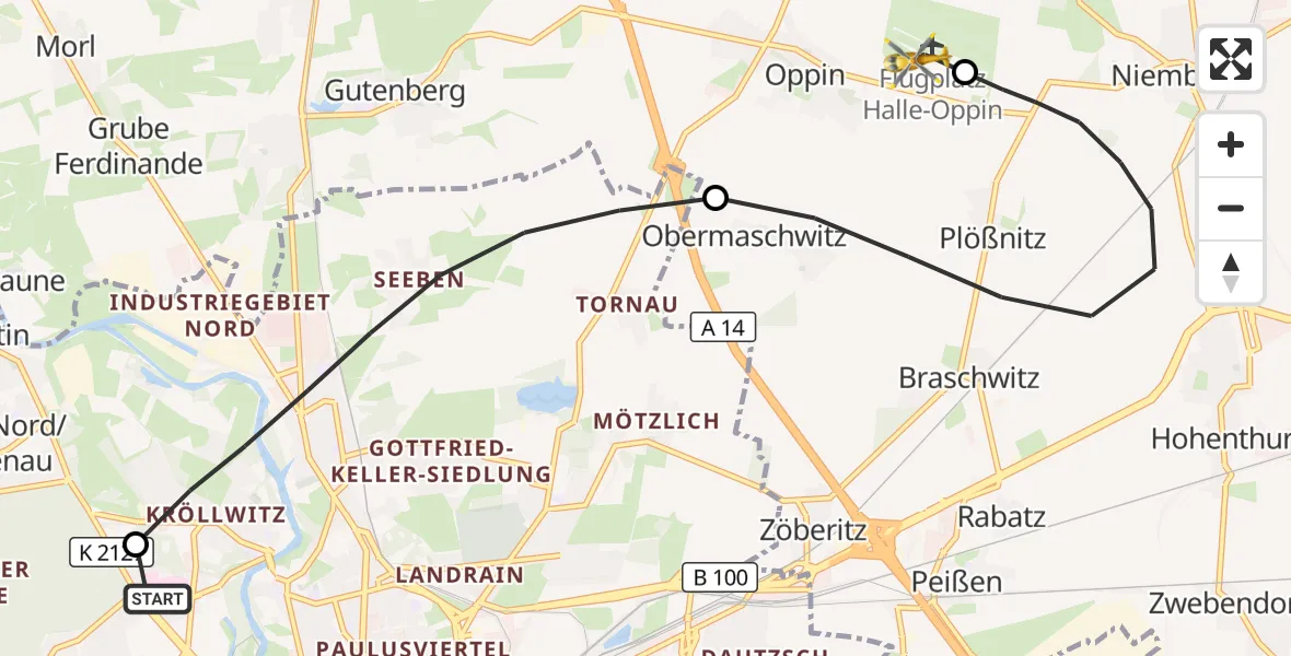 Flugroute Ambulanzhubschrauber Halle (Saale) University Hospital - Halle-Oppin Flugplatz, 25 April 2026, 19:01