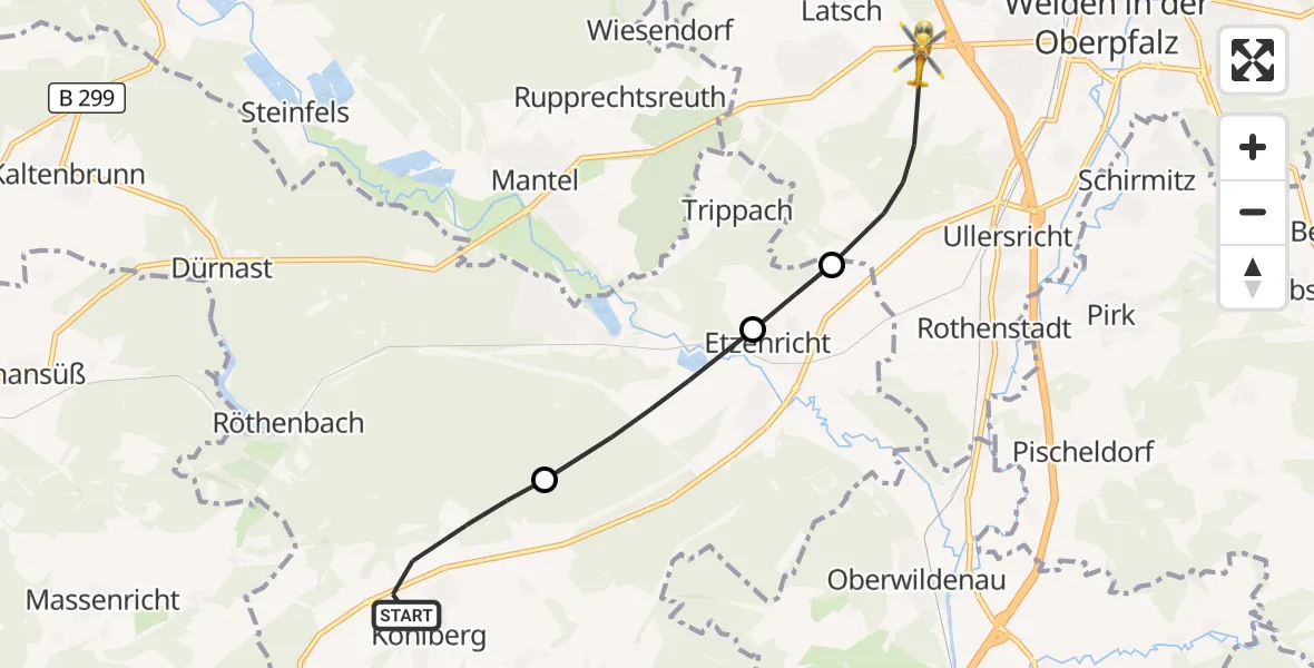 Flugroute Rettungshubschrauber Kohlberg - Weiden i.d.OPf., 25 April 2026, 19:03