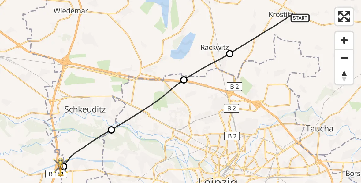 Flugroute Rettungshubschrauber Krostitz - ADAC Air Rescue Station Leipzig/Schkeuditz-Dölzig Hubschrauberlandeplatz (Christoph 61), 25 April 2026, 19:05