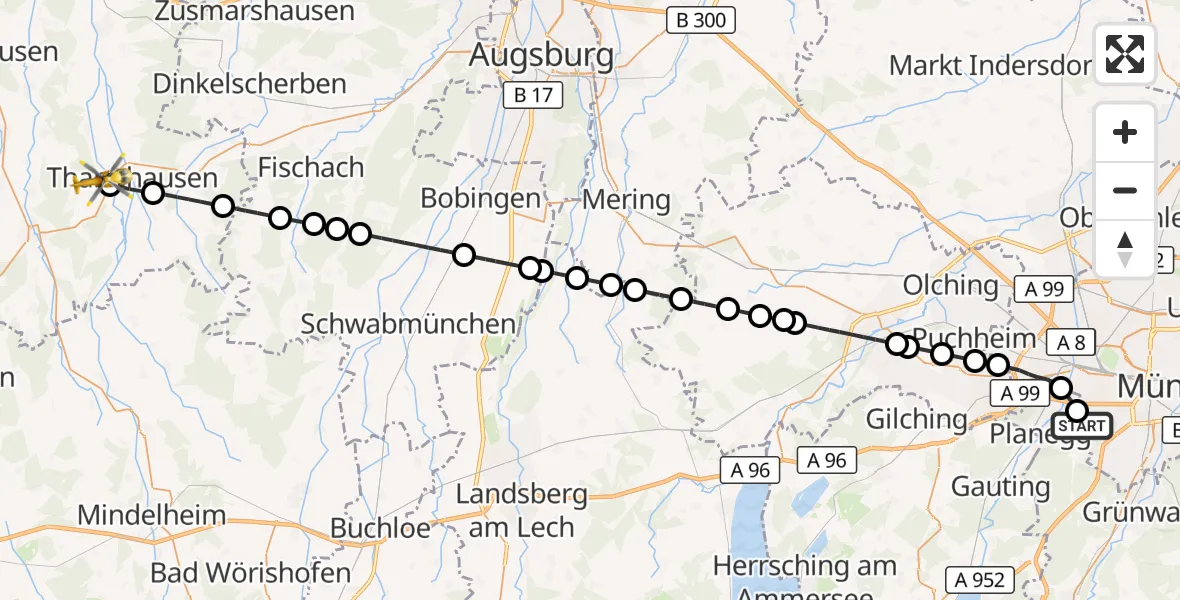 Flugroute Rettungshubschrauber DRF Air Rescue München Hubschrauberlandeplatz - Ursberg, 25 April 2026, 19:14