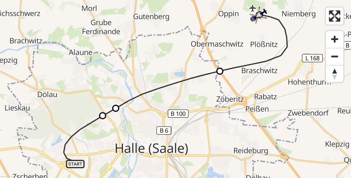 Flugroute Polizeihubschrauber Halle (Saale) - Halle-Oppin Flugplatz, 25 April 2026, 19:16