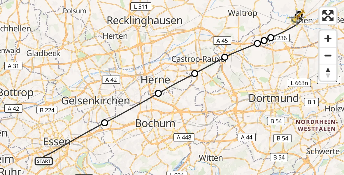 Flugroute Rettungshubschrauber Essen - Sankt Marien Hospital, 25 April 2026, 19:26