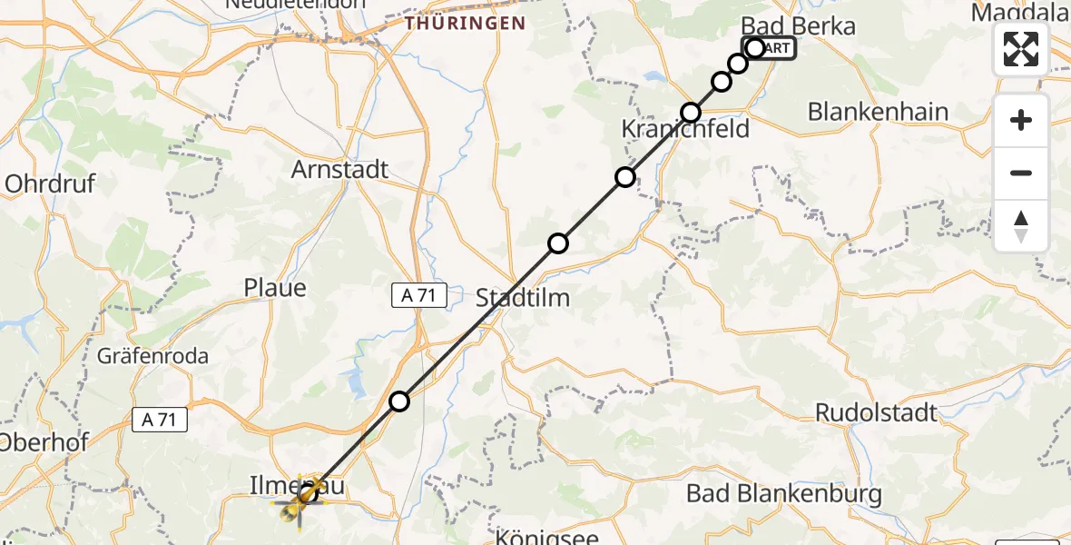 Flugroute Ambulanzhubschrauber Bad Berka Central Hospital - Ilm-Kreis-Kliniken Arnstadt-Ilmenau Hubschrauberlandeplatz, 25 April 2026, 19:35
