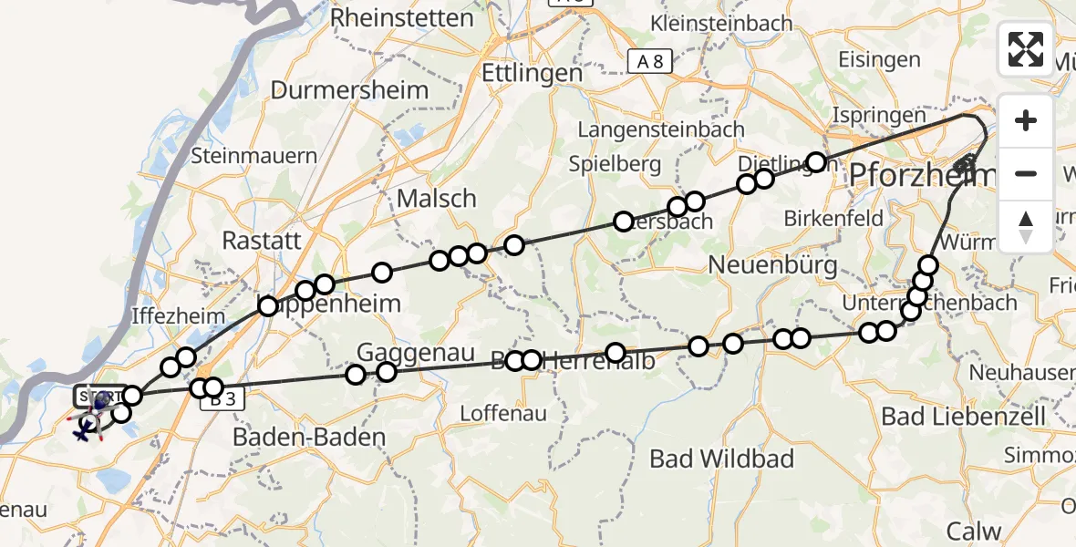Flugroute Polizeihubschrauber Karlsruhe Baden-Baden Flughafen - Karlsruhe Baden-Baden Flughafen, 25 April 2026, 19:35