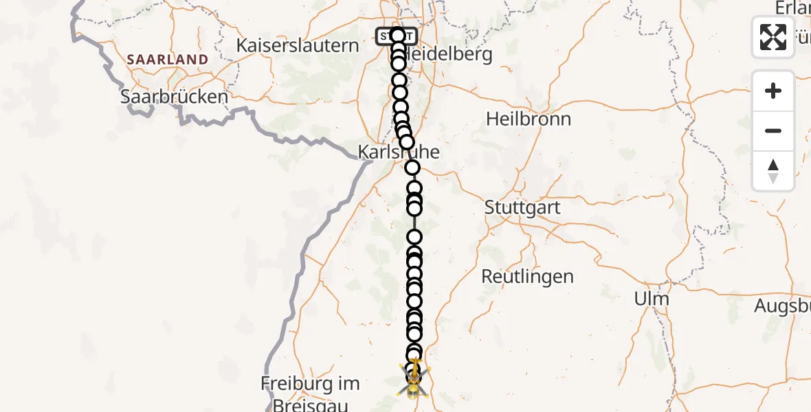 Flugroute Rettungshubschrauber Ludwigshafen Accident Hospital - DRF Air Rescue Station Villingen-Schwenningen Hubschrauberlandeplatz (Christoph 11), 25 April 2026, 19:49