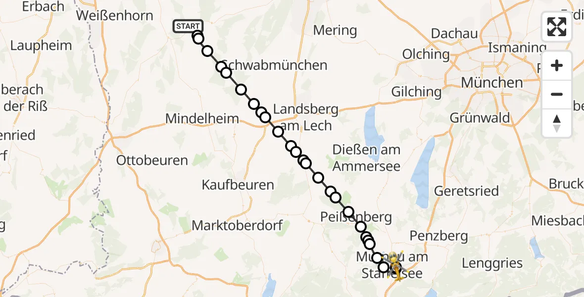 Flugroute Rettungshubschrauber Ursberg - Murnau Accident Hospital, 25 April 2026, 19:52