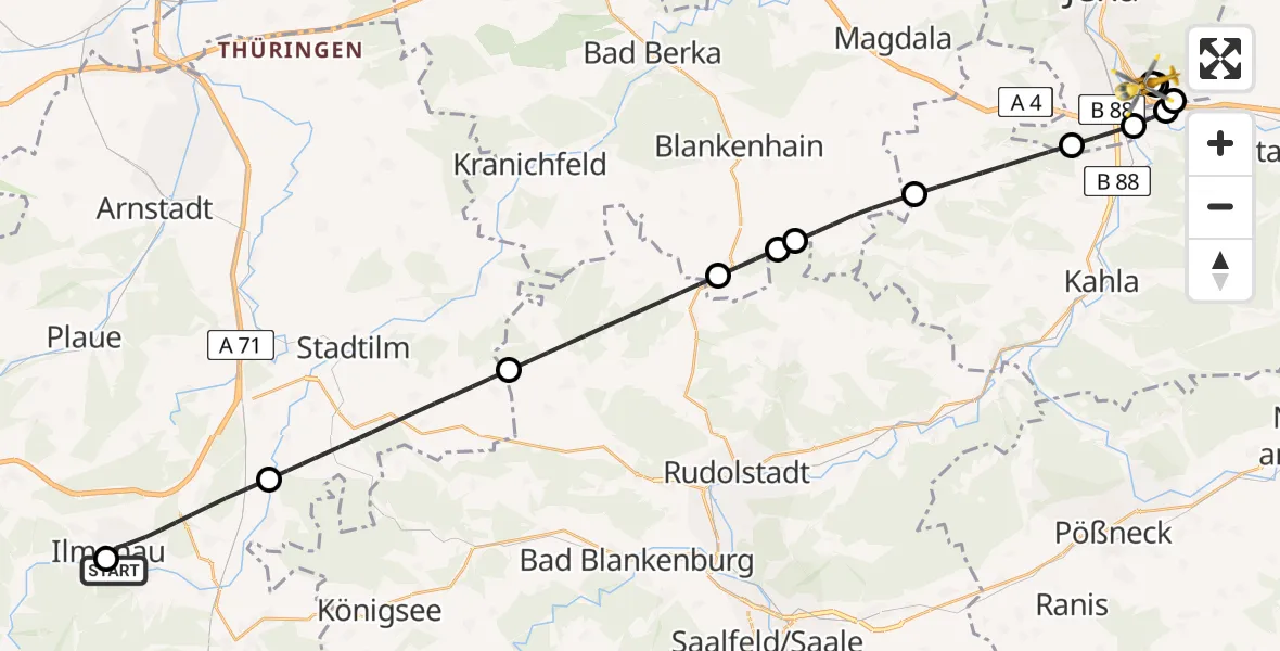 Flugroute Ambulanzhubschrauber Ilm-Kreis-Kliniken Arnstadt-Ilmenau Hubschrauberlandeplatz - Jena University Hospital, 25 April 2026, 20:14
