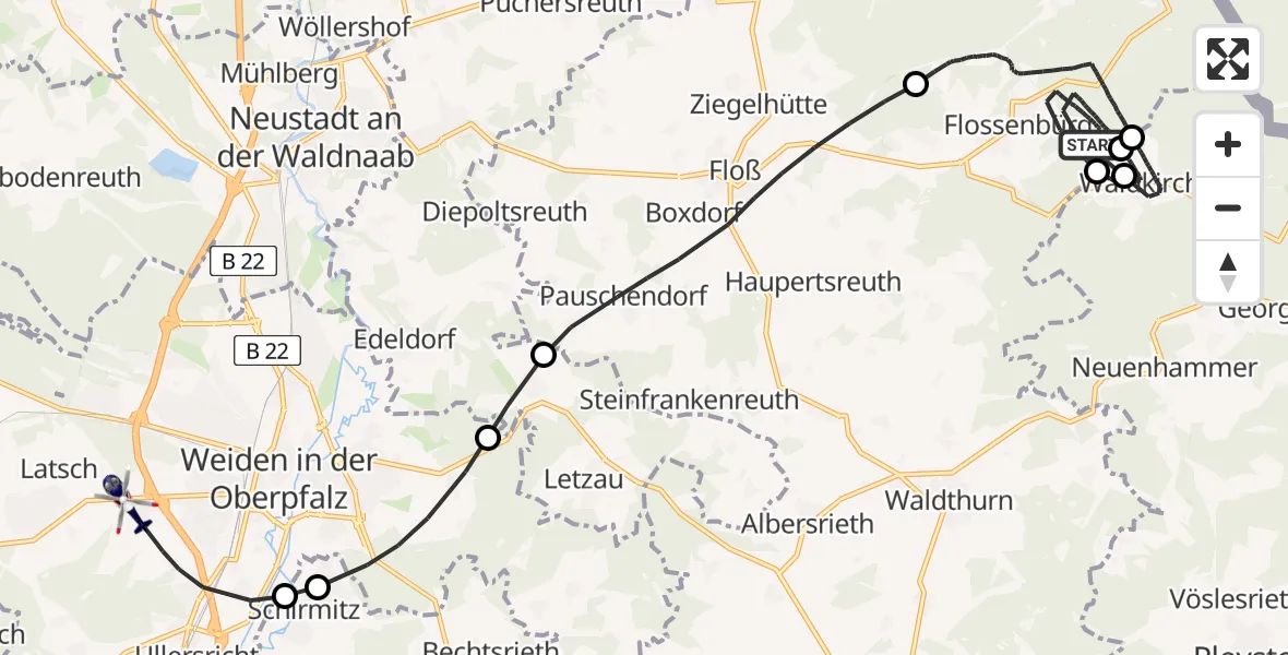Flugroute Polizeihubschrauber Flossenbürg - Weiden i.d.OPf., 25 April 2026, 20:15
