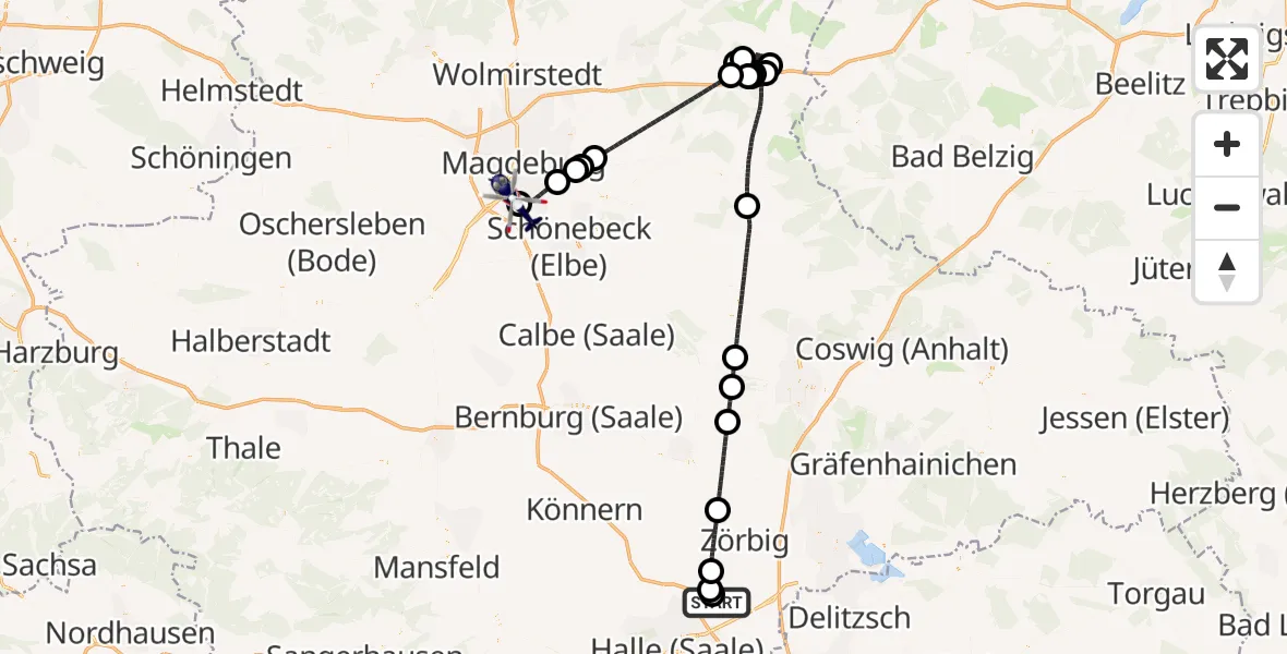 Flugroute Polizeihubschrauber Halle-Oppin Flugplatz - Magdeburg City Flugplatz, 25 April 2026, 20:21