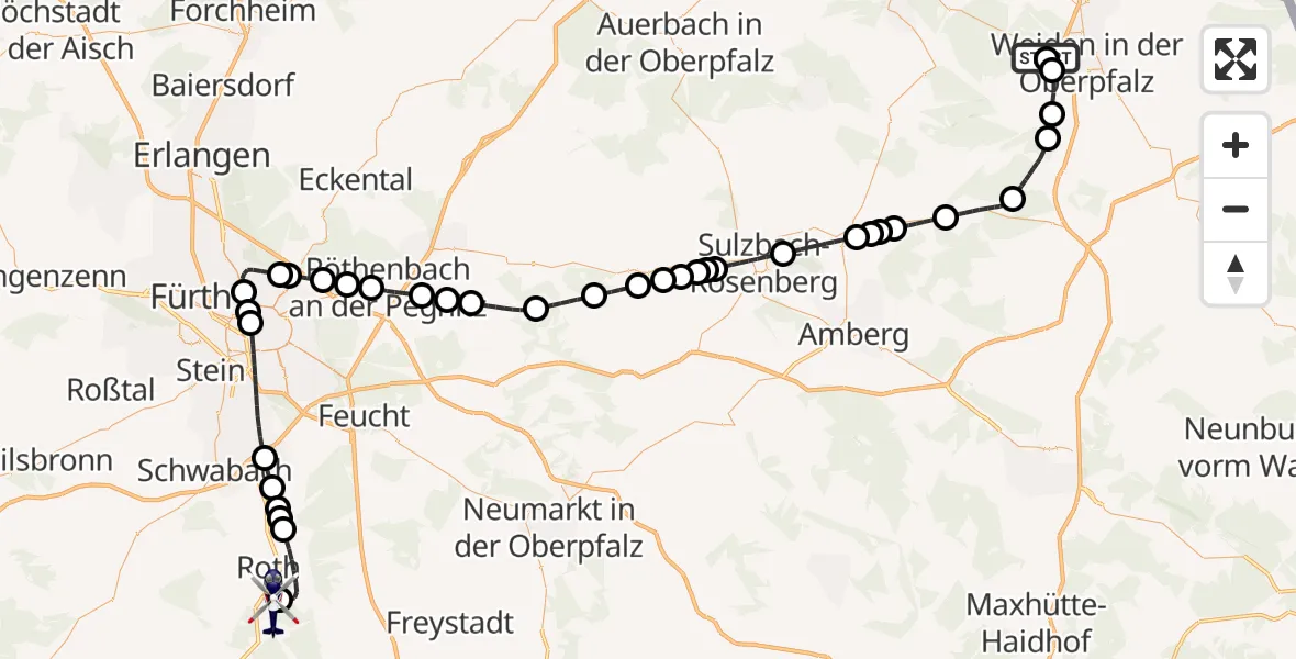 Flugroute Polizeihubschrauber Weiden i.d.OPf. - Flugplatz Roth, 25 April 2026, 21:10