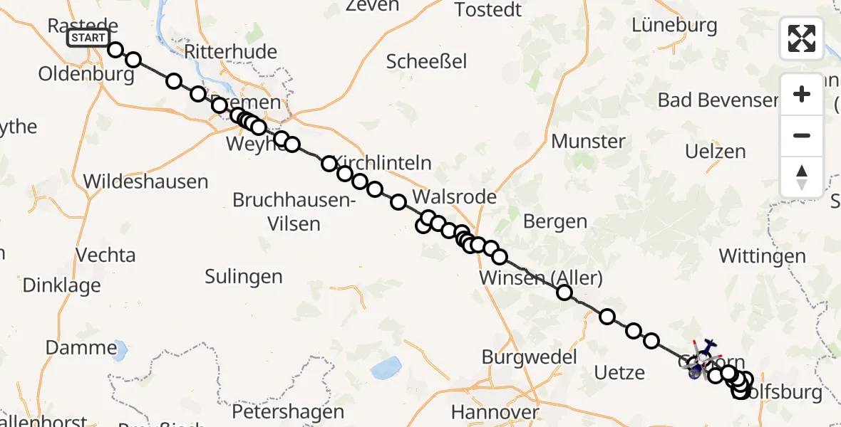Flugroute Polizeihubschrauber Rastede - Gifhorn Bundespolizei Hubschrauberlandeplatz, 25 April 2026, 21:53