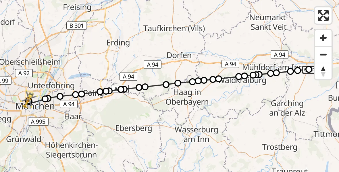 Flugroute Rettungshubschrauber Altötting-Burghausen District Hospital Altötting - Deutsches Herzzentrum München, 25 April 2026, 22:04