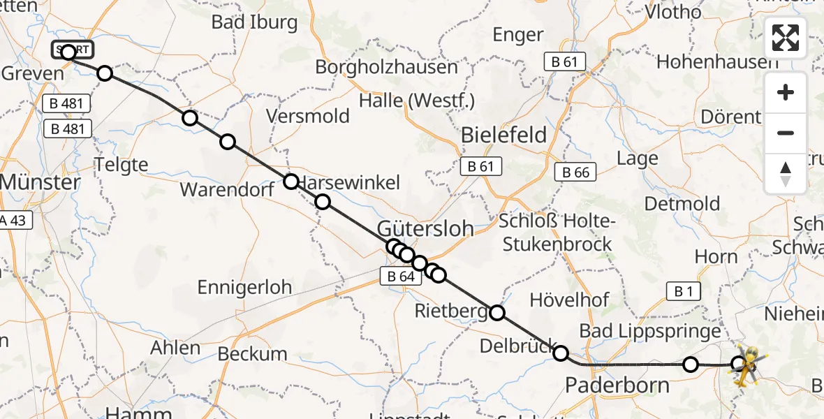 Flugroute Ambulanzhubschrauber Christoph  Westfalen-ADAC - Bad Driburg, 25 April 2026, 22:30