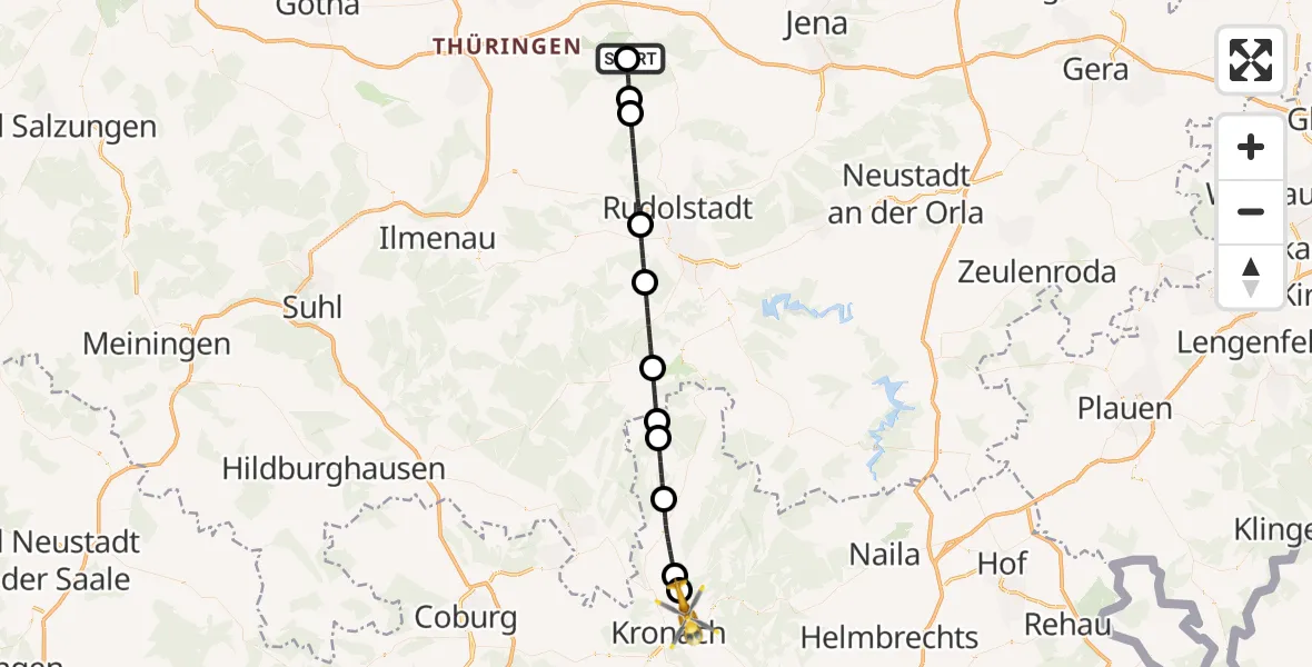 Flugroute Ambulanzhubschrauber DRF Rettungsstation Bad Berka Hubschrauberlandeplatz - Kronach, 25 April 2026, 22:54