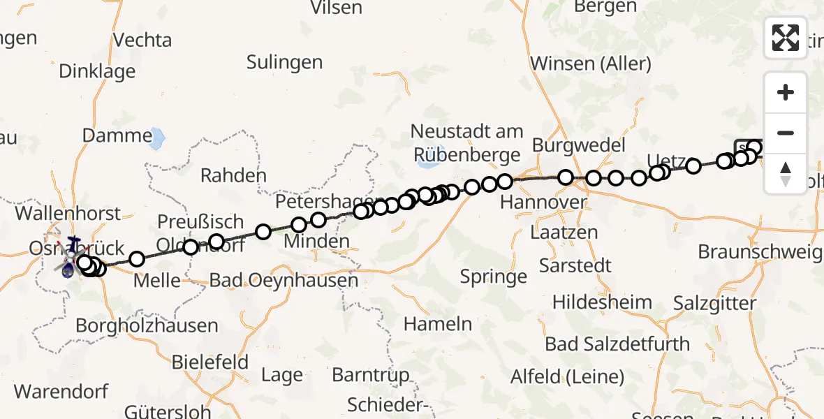 Flugroute Polizeihubschrauber Gifhorn Bundespolizei Hubschrauberlandeplatz - Osnabrück, 25 April 2026, 23:47